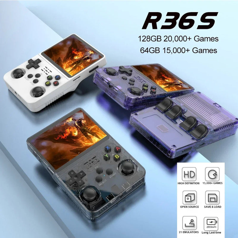 R36S Mini Game Retrô, Sistema Linux, Console 3.5 "Tela IPS, portátil, 64 GB, 128GB Jogos,